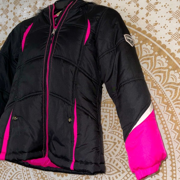 ✨HP✨ GIRLS “PROTECTION SYSTEM” BLACK/PINK/WHITE SNOW HOODED JACKET, SIZE 10/12 - Picture 2 of 11
